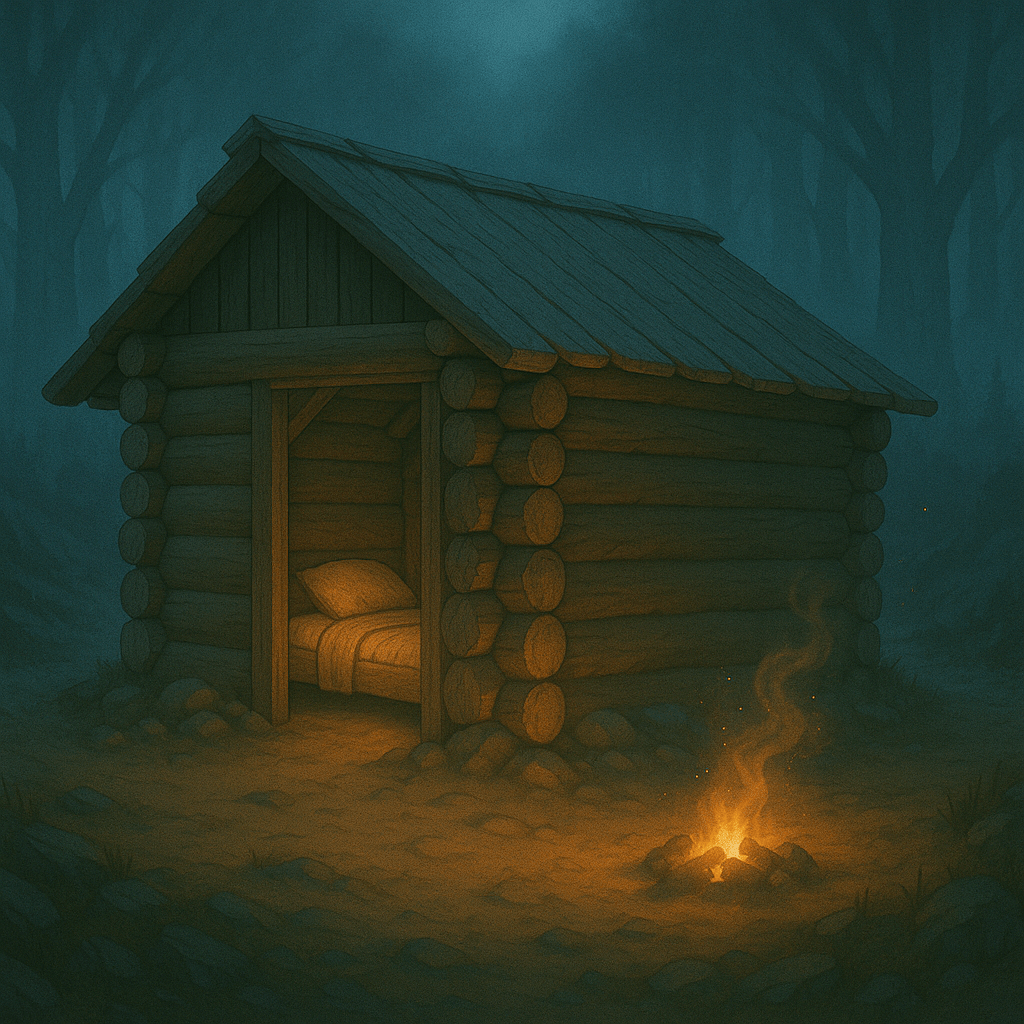By nightfall, you've shaped the land and raised your first shelter, lit by magical embers…