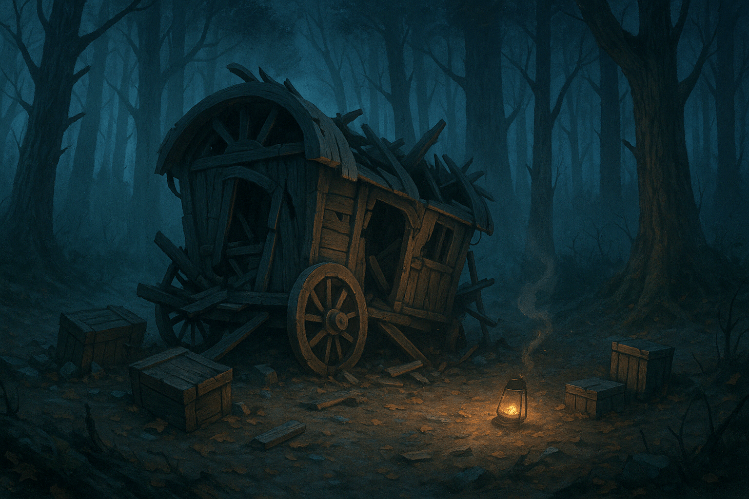 A shattered caravan lies amid the darkening forest