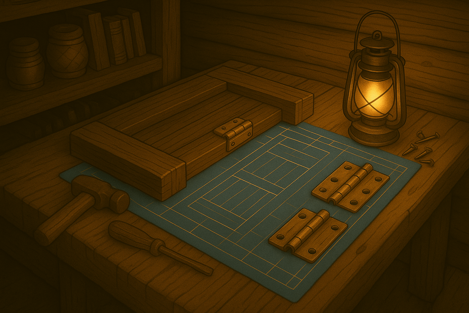 Your workbench glows with magical blueprints and building tools!
