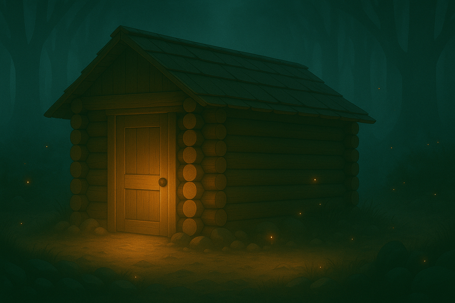 Your cabin glows warmly in the night, safe behind your magical door
