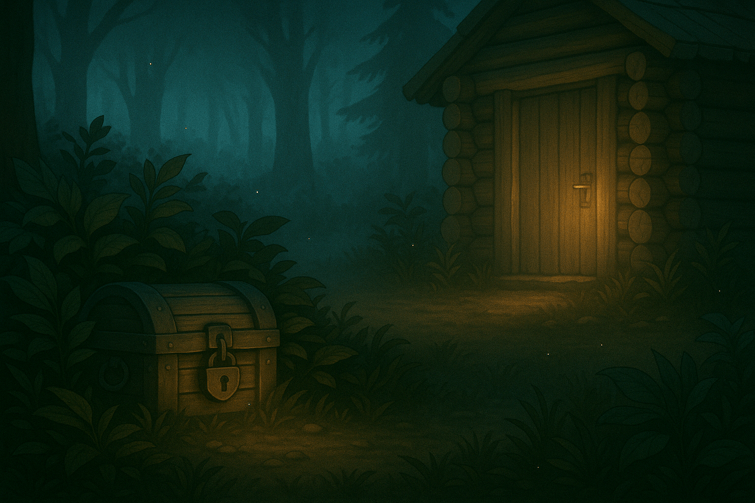 A mysterious chest gleams in the moonlit forest