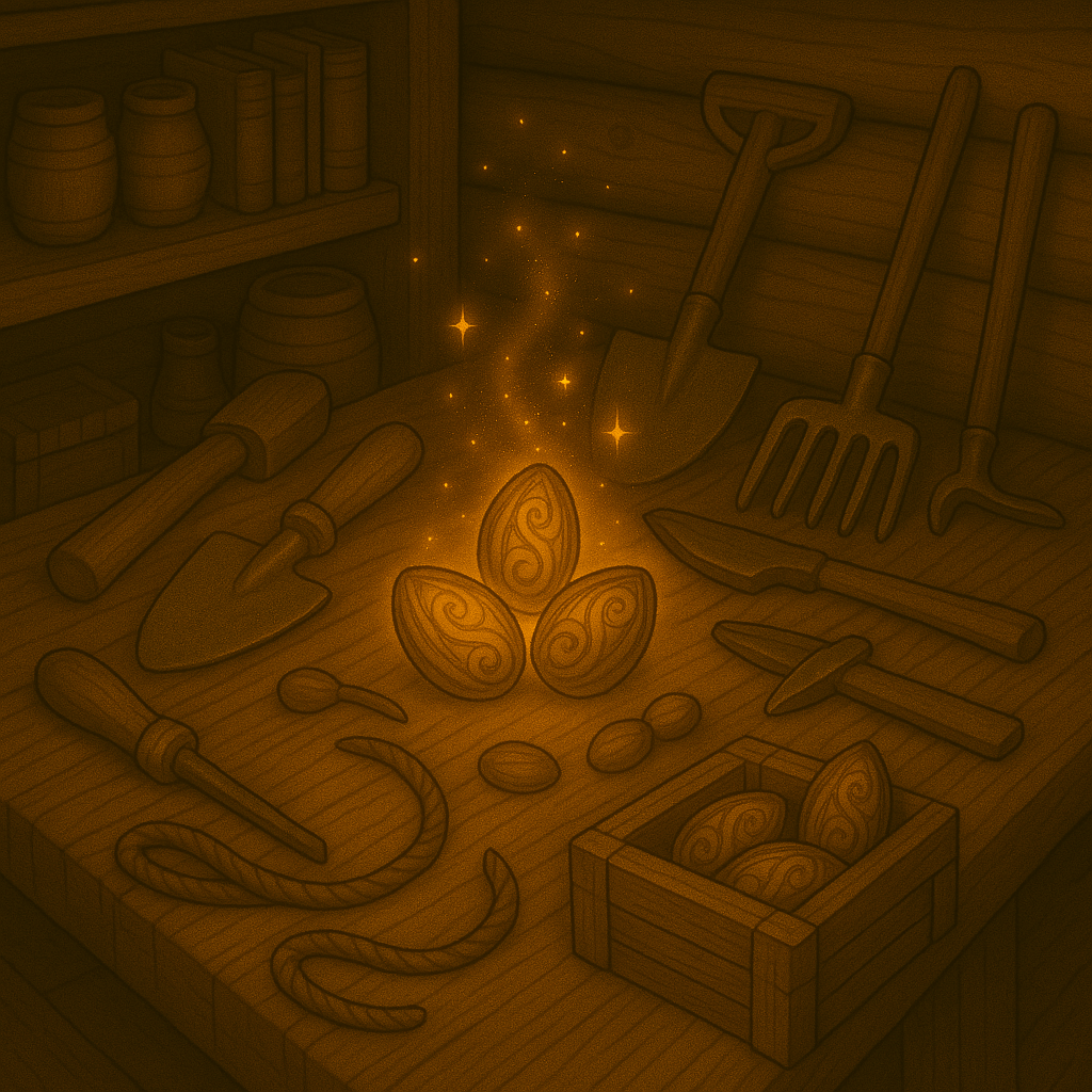 Your workspace fills with magical seeds and farming tools!